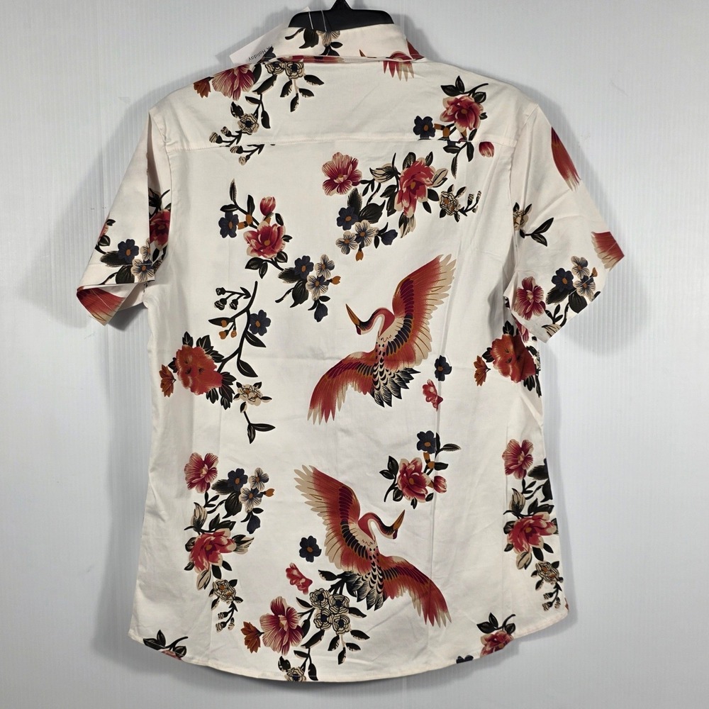 Atlanl Mens Short Sleeve Button Down Shirt White Red Crane Floral Print Size S - Picture 2 of 11